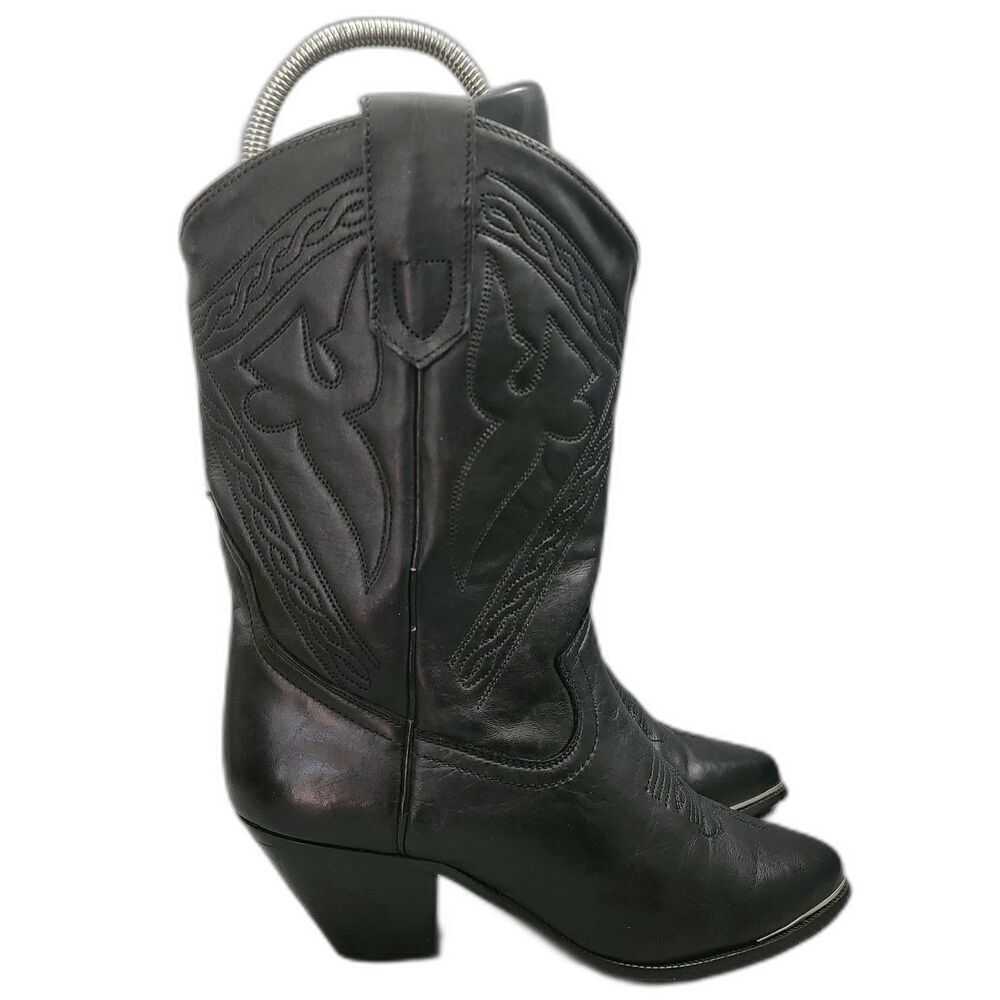 VTG Acme Black Western Cowboy Cowgirl Boots 7B - Silver Metal Toe Accent